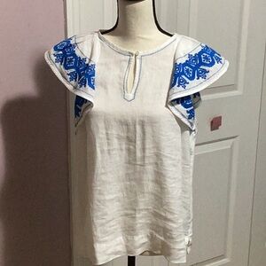J. Crew White and Blue Ruffled Cap Sleeve Blouse
